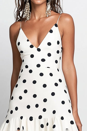 White Black Dot Ruffled A Line Wedding Guest Dress